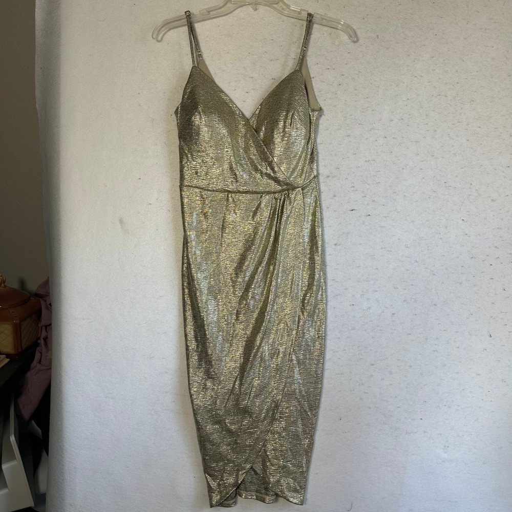 City Triangle Gold Metallic Shimmer Wrap Bodycon Dress Size 2 Y2K